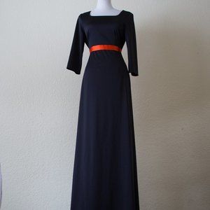 Vintage Black Orange Maxi Dress 1/4 Sleeve Medium